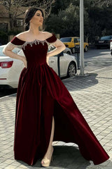 Green A Line Prom Dress Off the Shoulder Beaded Formal Dress