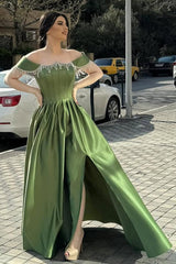 Green A Line Prom Dress Off the Shoulder Beaded Formal Dress