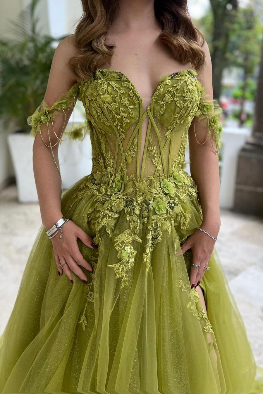 Green A Line Prom Dress Off the Shoulder Formal Dress With Lace Appliques