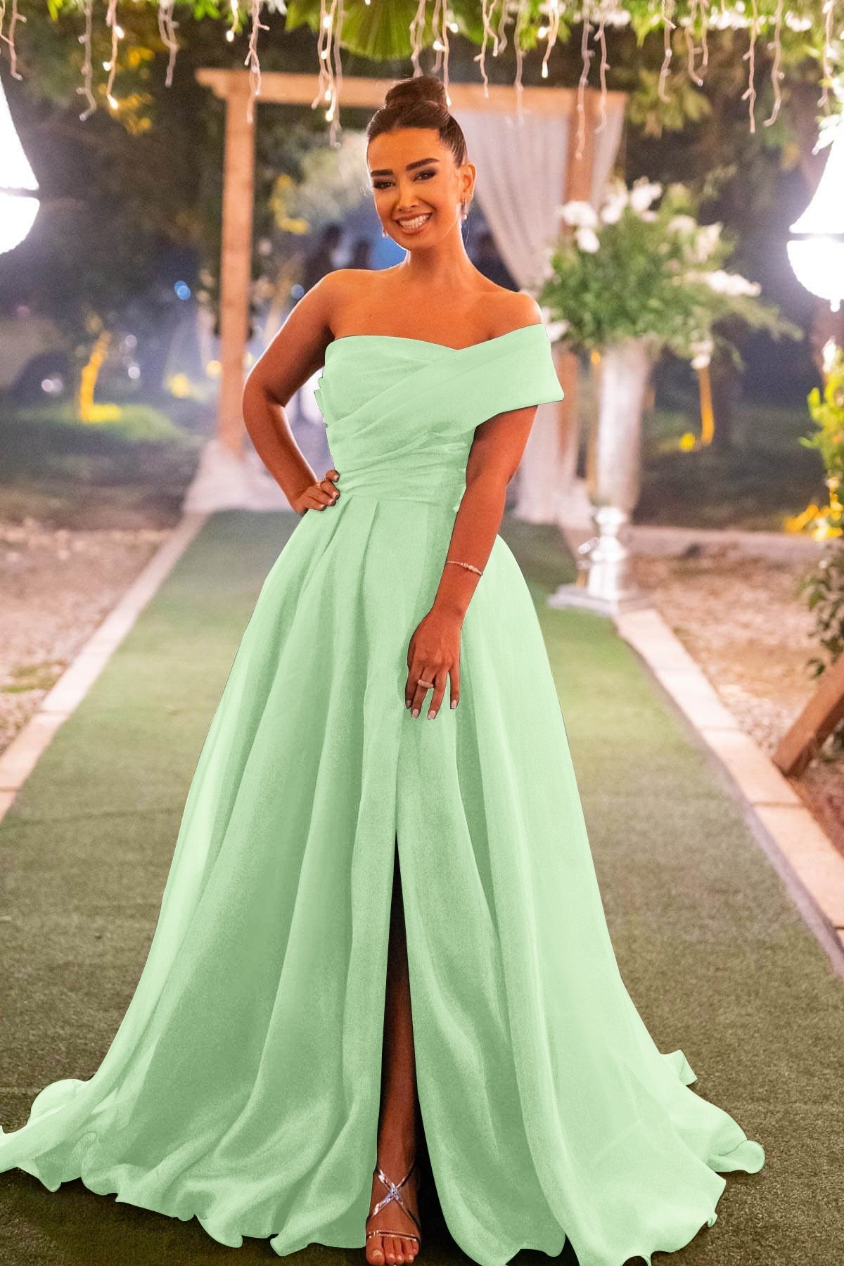 Green A Line Prom Dress One Shoulder Organza Formal Dress