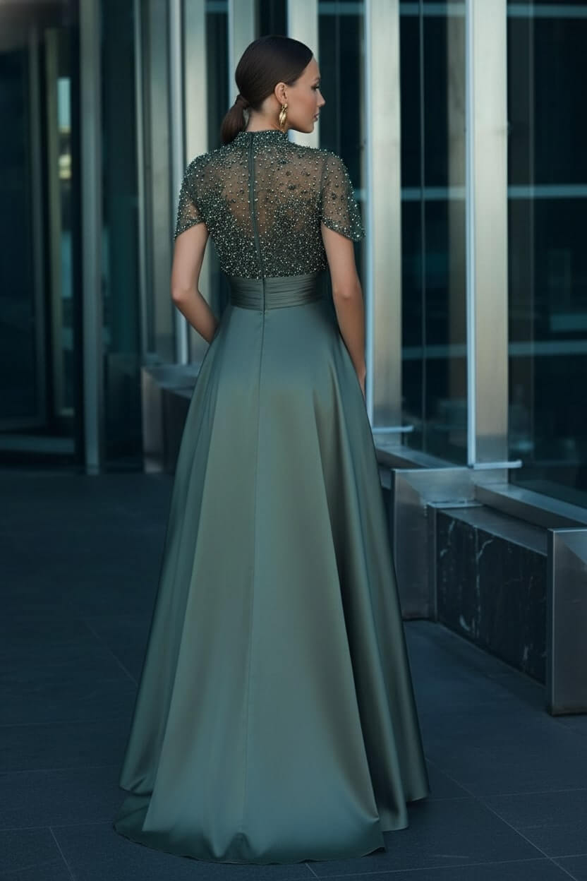 Green A Line Prom Dress Short Sleeve High Neck Beaded Formal Dress