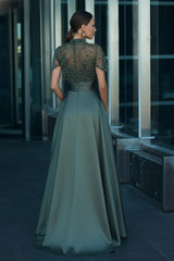 Green A Line Prom Dress Short Sleeve High Neck Beaded Formal Dress