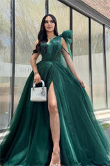 Green A Line Prom Dress Sleeveless One Shoulder Beaded Formal Dress