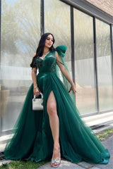 Green A Line Prom Dress Sleeveless One Shoulder Beaded Formal Dress