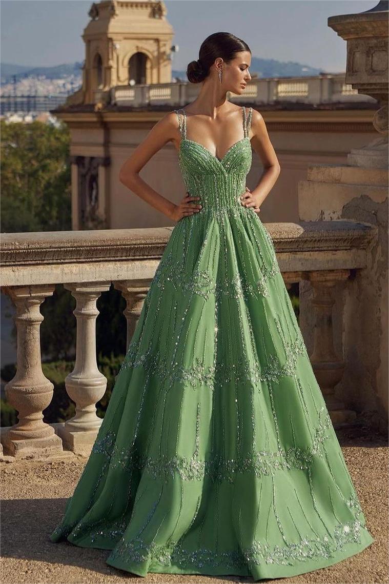 Green A Line Prom Dress Sleeveless Spaghetti Straps Beaded Formal Dress
