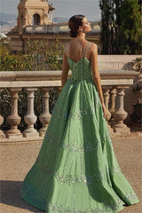 Green A Line Prom Dress Sleeveless Spaghetti Straps Beaded Formal Dress