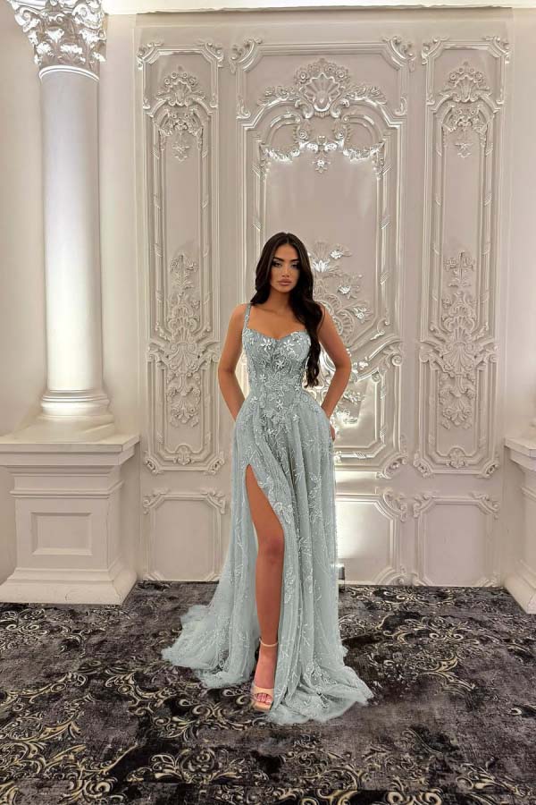 Green A Line Prom Dress Sleeveless Spaghetti Straps Formal Dress With Lace Appliques