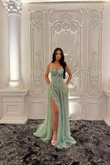 Green A Line Prom Dress Sleeveless Spaghetti Straps Formal Dress With Lace Appliques