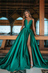 Green A Line Prom Dress Sleeveless Sweetheart Satin Formal Dress