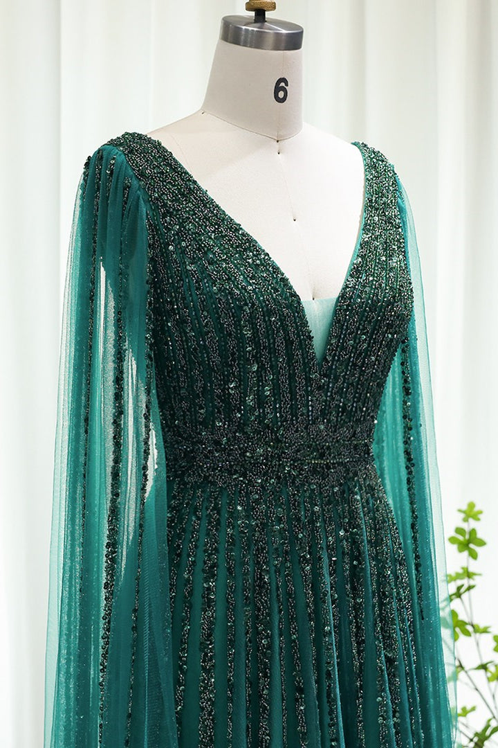 Green A Line Prom Dress V Neck Beaded Formal Dress