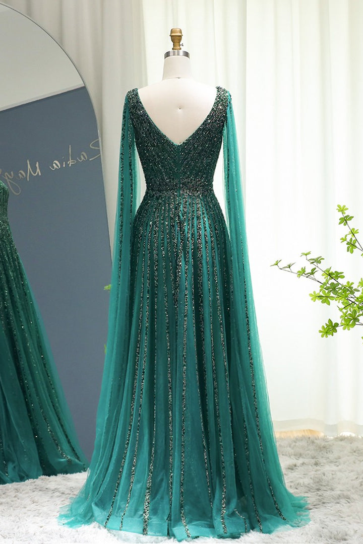Green A Line Prom Dress V Neck Beaded Formal Dress