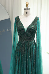 Green A Line Prom Dress V Neck Beaded Formal Dress