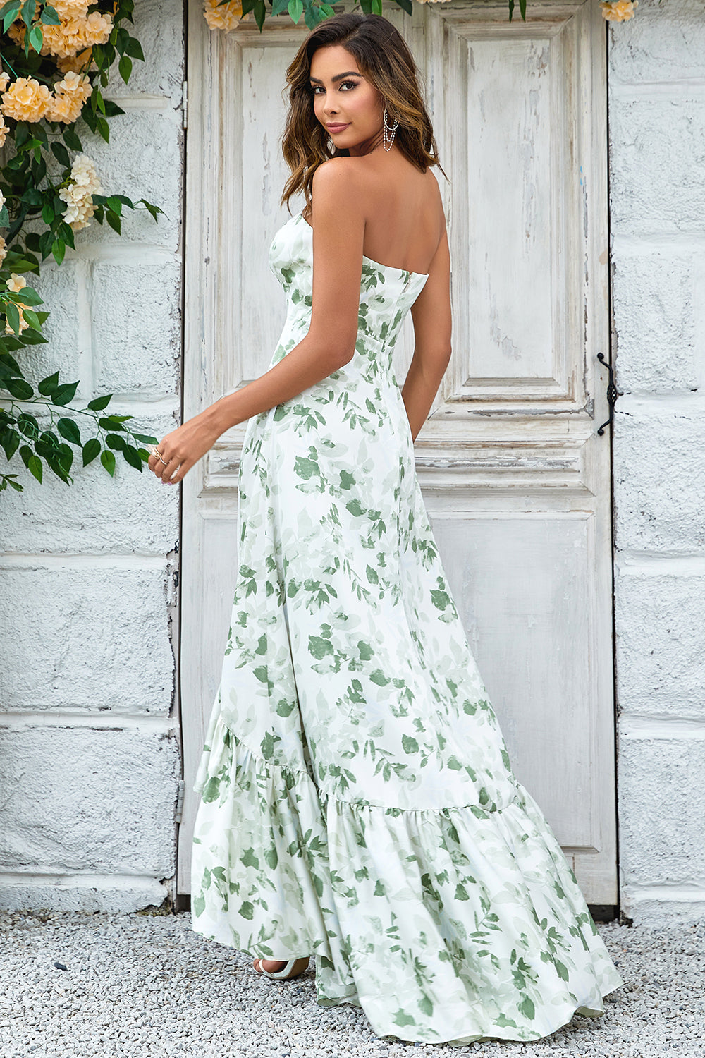 Green Asymmetrical Printed Bridesmaid Dress Long Wedding Party Dress with Strapless