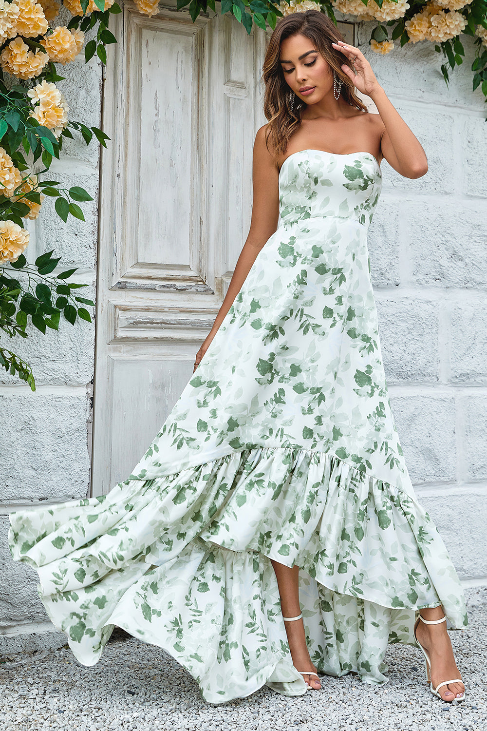 Green Asymmetrical Printed Bridesmaid Dress Long Wedding Party Dress with Strapless