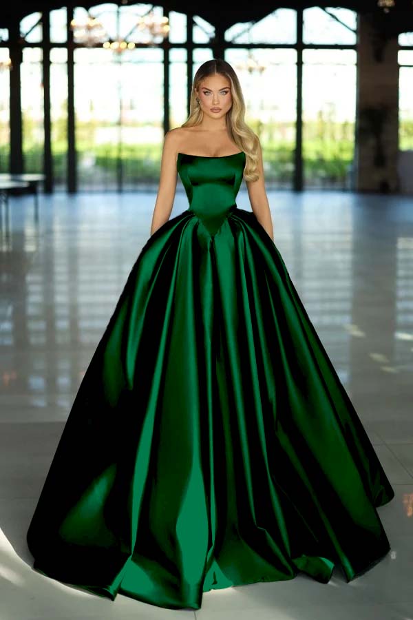 Green Ball Gown Prom Dress Sleeveless Strapless Satin Formal Dress
