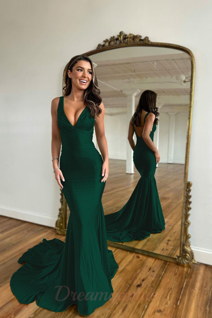 Green Beaded Mermaid V-Neck Backless Long Prom Dress