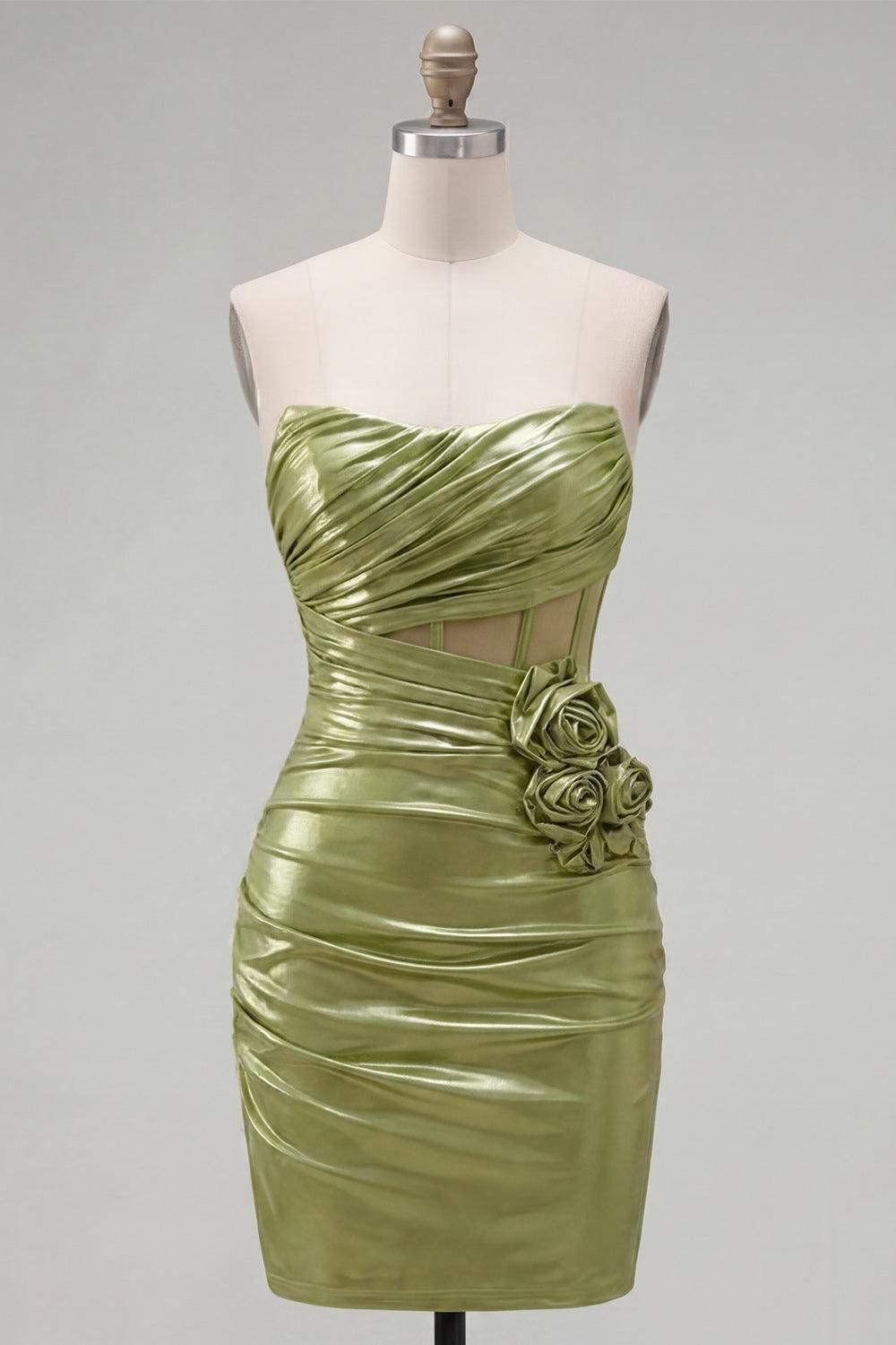 Green Corset Short Tight Strapless Ruched Homecoming Dress with 3D Flowers