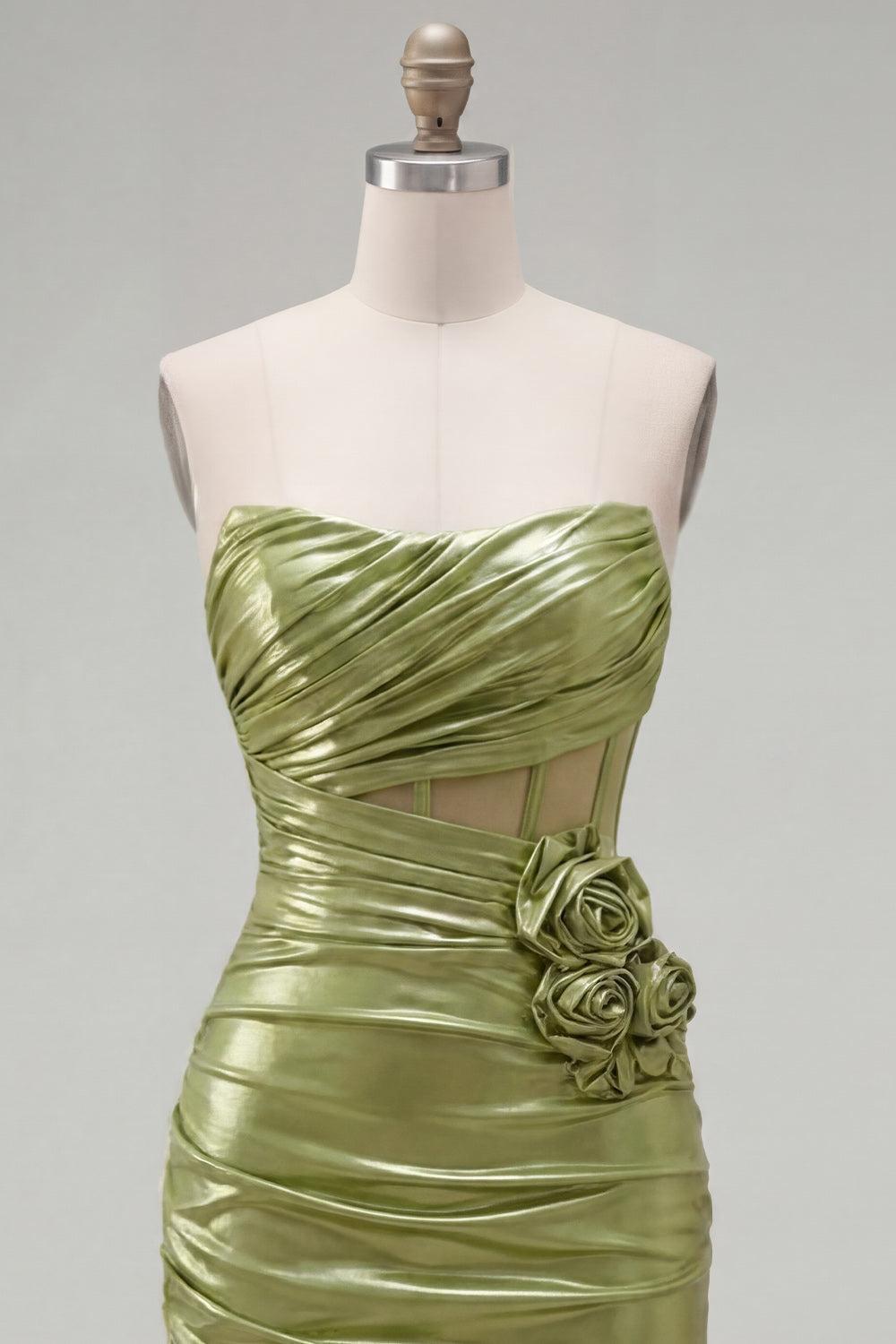 Green Corset Short Tight Strapless Ruched Homecoming Dress with 3D Flowers