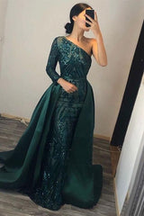 Green Detachable Train Prom Dress Long Sleeve One Shoulder Sequined Formal Dress