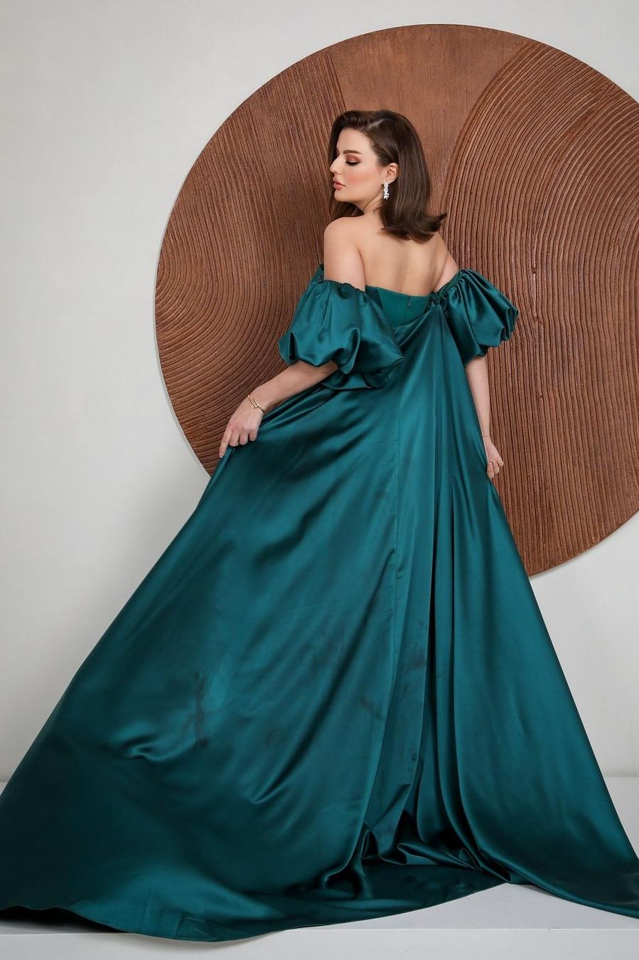 Green Detachable Train Prom Dress Puff Sleeve Strapless Satin Formal Dress