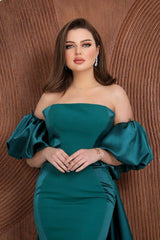 Green Detachable Train Prom Dress Puff Sleeve Strapless Satin Formal Dress