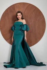 Green Detachable Train Prom Dress Puff Sleeve Strapless Satin Formal Dress