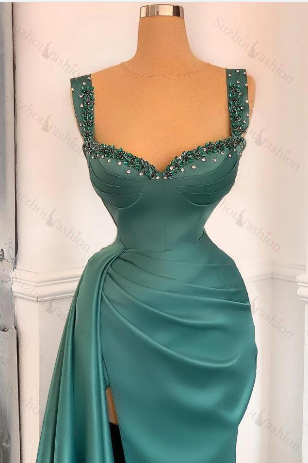Green Detachable Train Prom Dress Sleeveless Straps Beaded Formal Dress