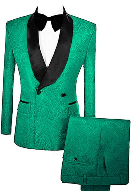 Turquoise Double Breasted Jacquard Wedding Suit with Velvet Lapel