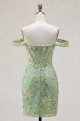 Green Floral Off-the-Shoulder Corset Tight Short Homecoming Dress
