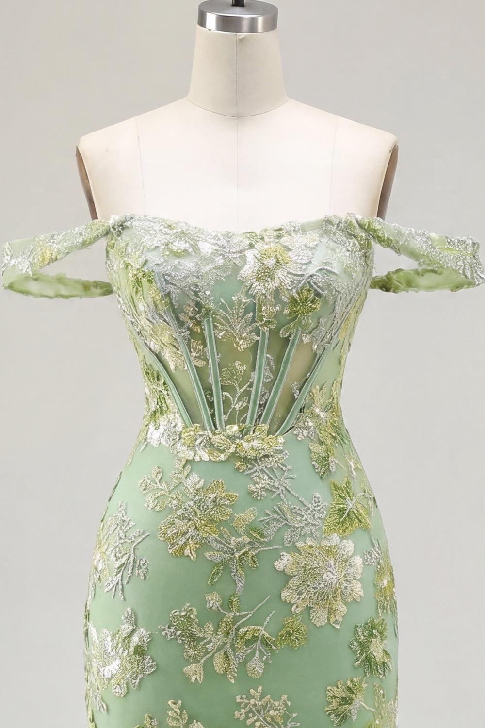 Green Floral Off-the-Shoulder Corset Tight Short Homecoming Dress