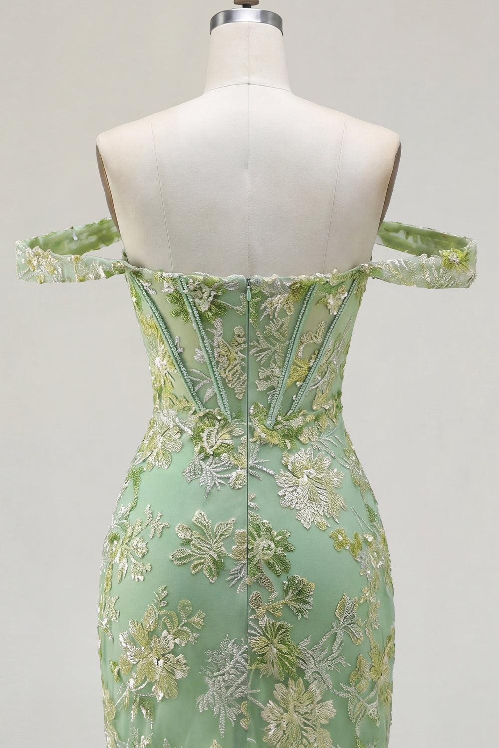 Green Floral Off-the-Shoulder Corset Tight Short Homecoming Dress