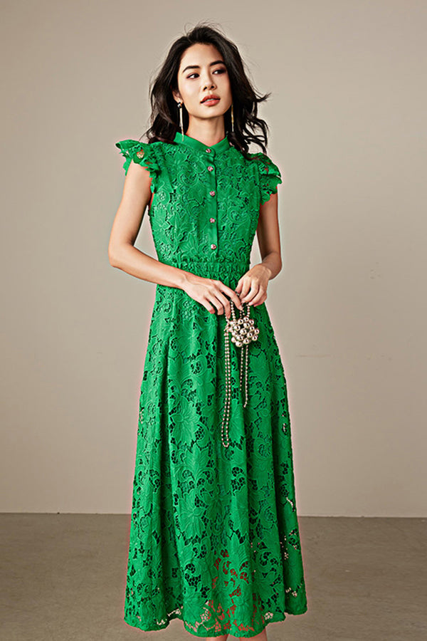Green High Neck Lace Midi Boho Casual Summer Holiday Dress