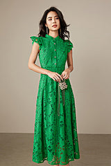 Green High Neck Lace Midi Boho Casual Summer Holiday Dress