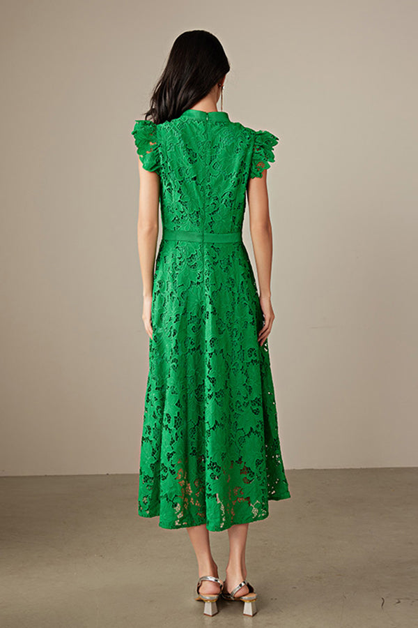 Green High Neck Lace Midi Boho Casual Summer Holiday Dress