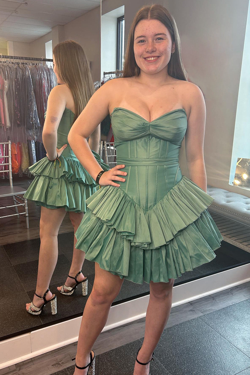 Green Homecoming Dress Corset Tiered Sweetheart A Line Short Prom Dress