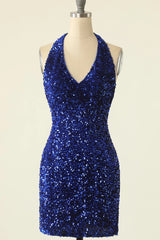Green Homecoming Dress Halter Sequin Backless Tight Short Prom Dress