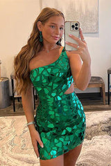 Green Homecoming Dress One Shoulder Mirror Tight Short Cocktail Dresses with Sequin