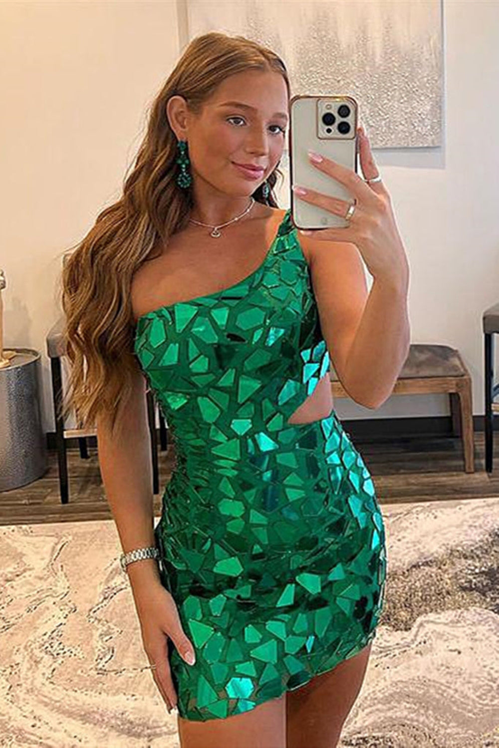 Green Homecoming Dress One Shoulder Mirror Tight Short Prom Dress with Sequin