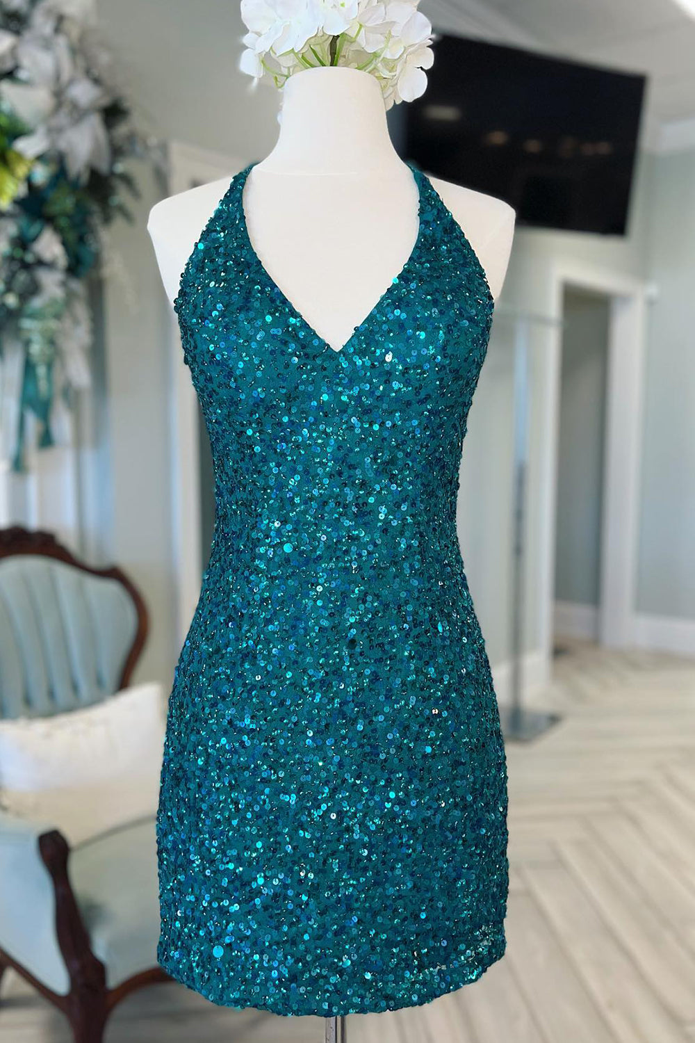 Green Homecoming Dress Sequin Backless Tight Short Prom Dress