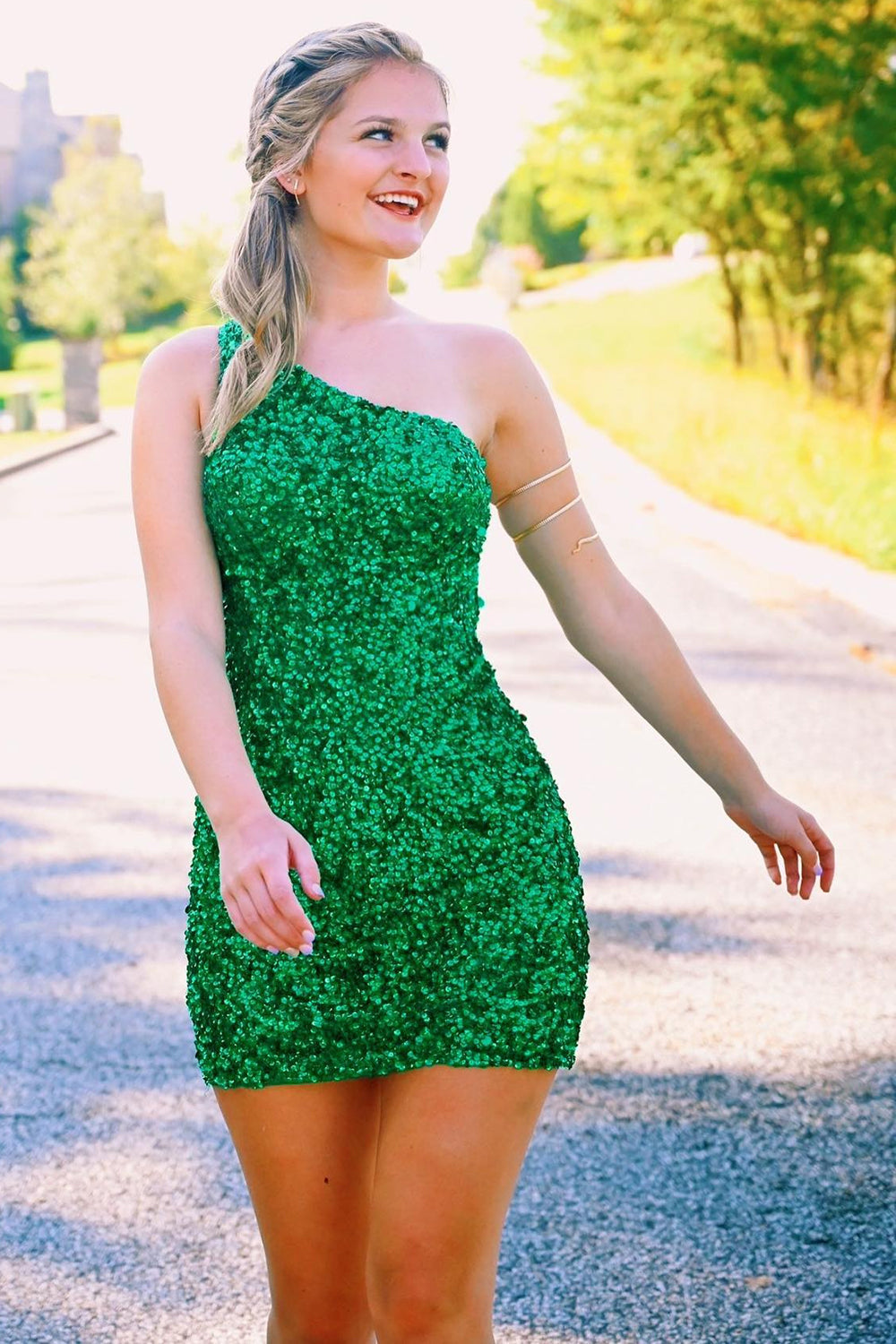 Green Homecoming Dress Sequin One Shoulder Tight Cocktail Party Dresses