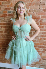 Green Homecoming Dress Spaghetti Straps Corset A-Line Short Prom Dress