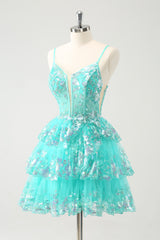 Green Homecoming Dress Tiered Sequin Corset Short Prom Dress