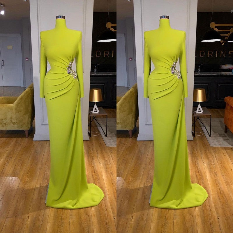 Green Long Sleeve Formal Dress High Neck Beaded Evening Dress