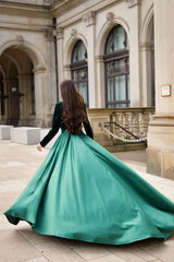Green Long Sleeve Formal Dress Velvet Satin A Line V Neck Christmas Party Dress