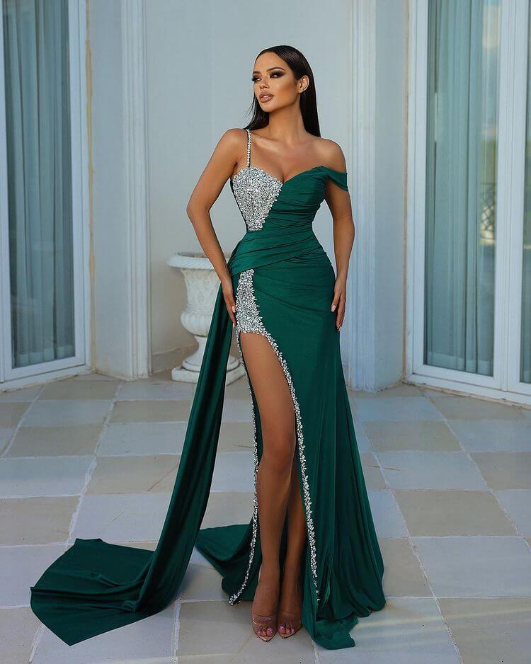 Green Mermaid Prom Dress Asymmetric Neck Beaded Formal Dress