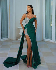 Green Mermaid Prom Dress Asymmetric Neck Beaded Formal Dress