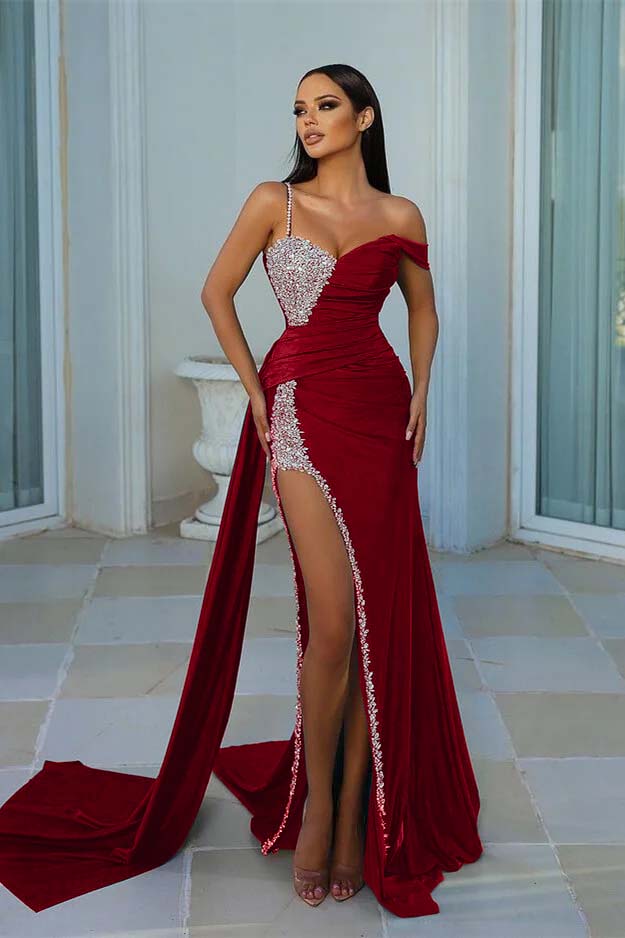 Green Mermaid Prom Dress Asymmetric Neck Beaded Formal Dress