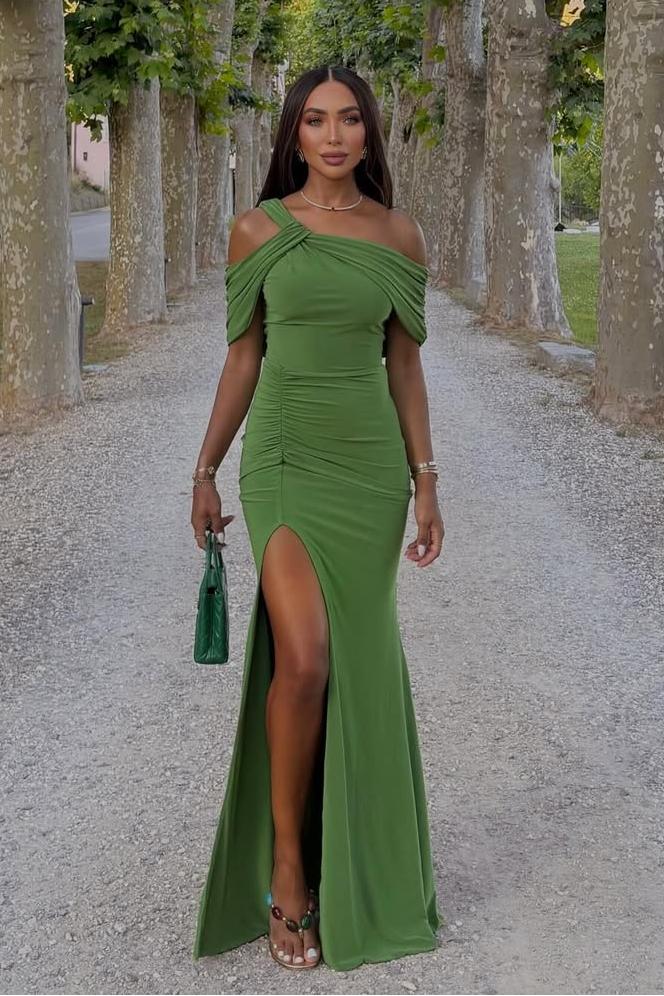 Green Mermaid Prom Dress Asymmetric Neck Satin Formal Dress