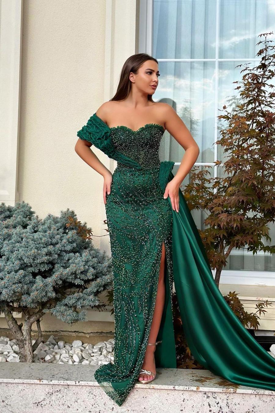 Green Mermaid Prom Dress Beaded One Shoulder Formal Dress