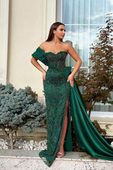 Green Mermaid Prom Dress Beaded One Shoulder Formal Dress